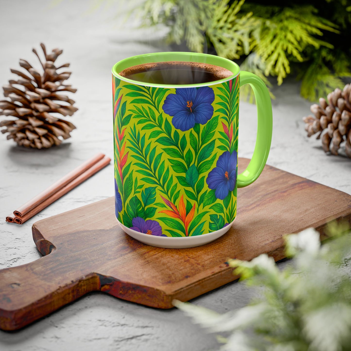 Vibrant Floral Coffee Mug - 11oz & 15oz / Midnight Flower Lime