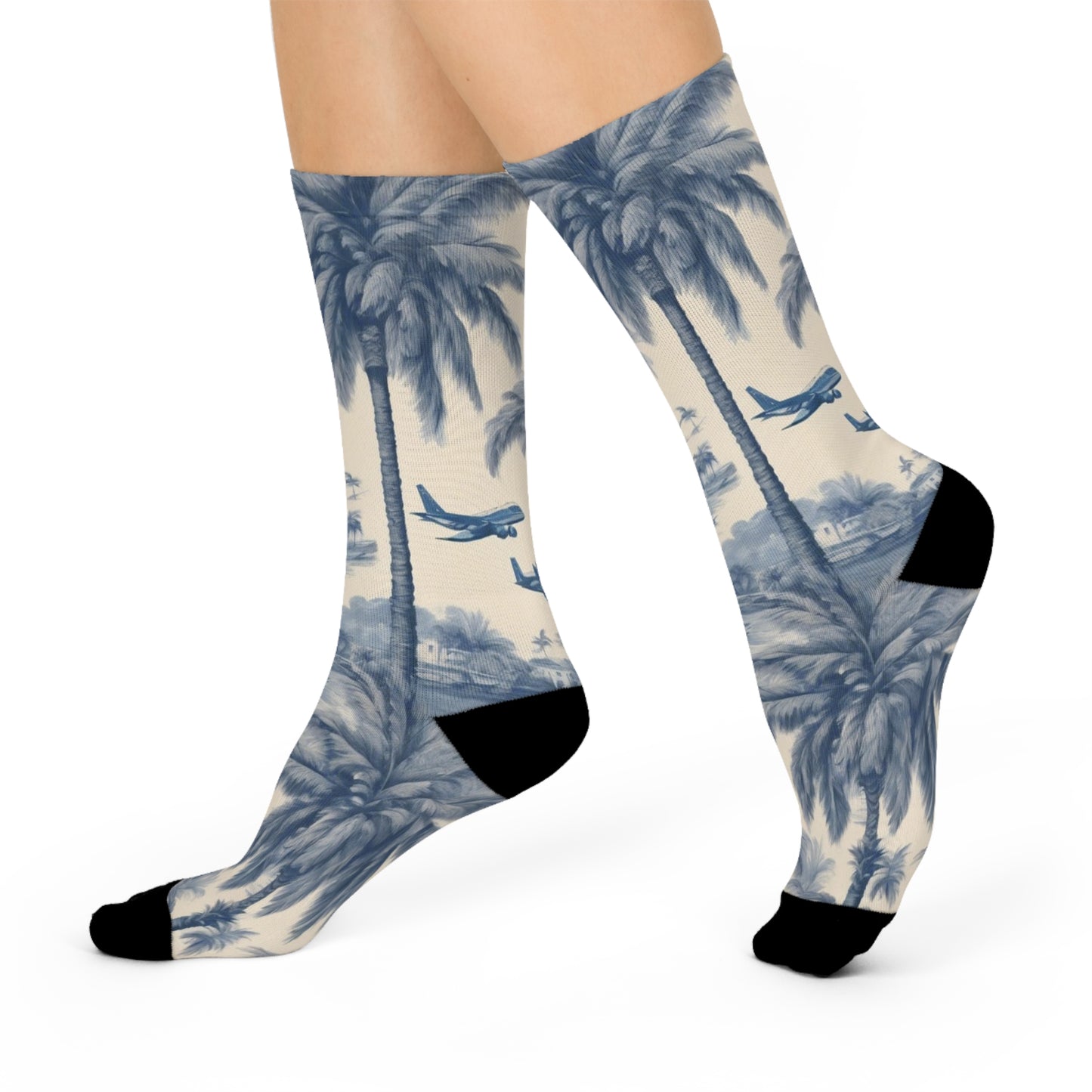 Cushioned Crew Socks - Tropical Toile, Dark Blue