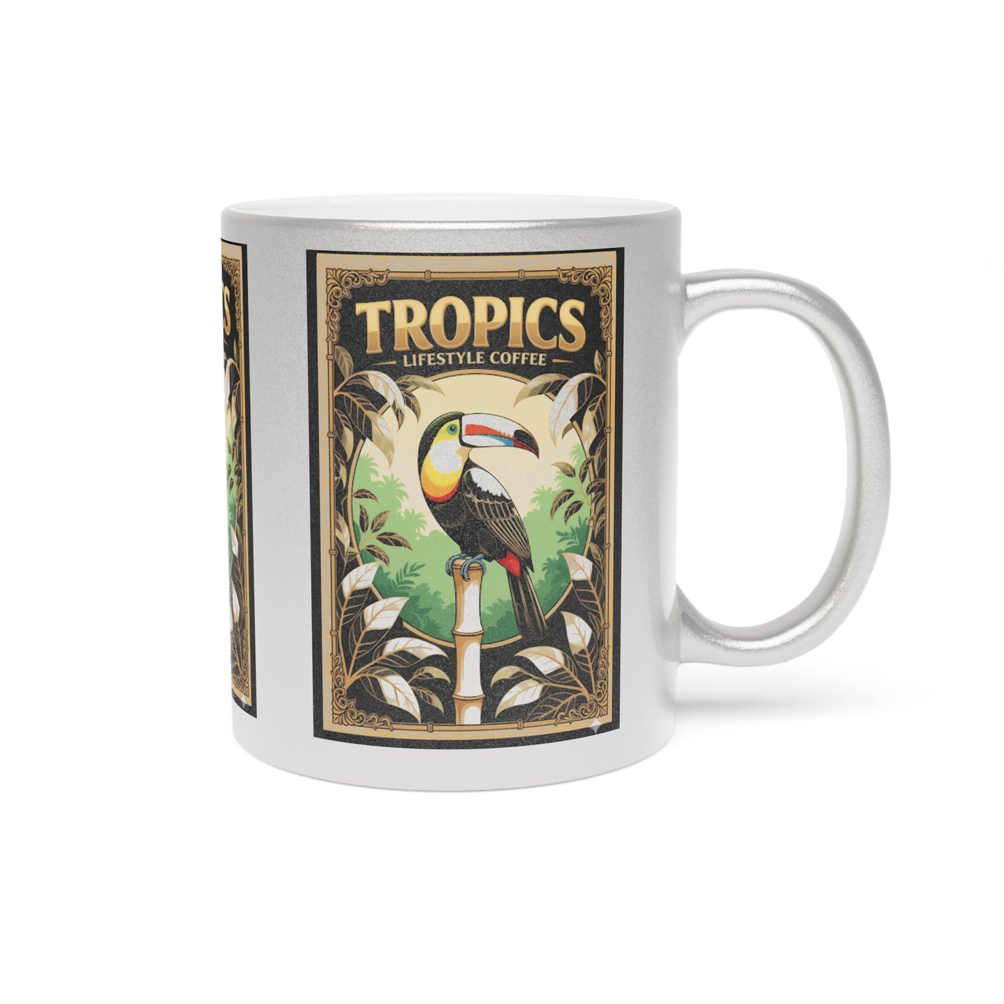 Tropical Metallic Mug, Gold or Silver: Our Coffee Brand, Pearl Parrot Poster