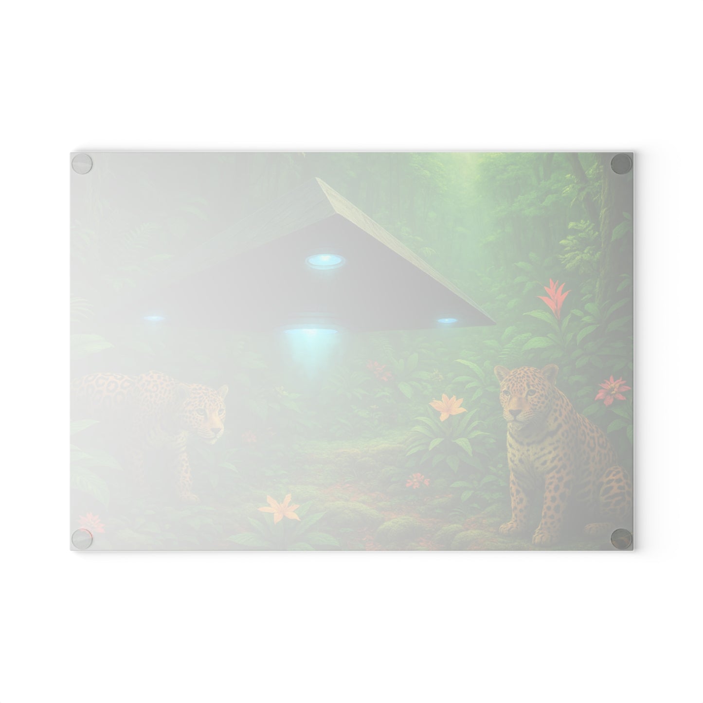 Glass Cutting Board, 2 sizes - Rainforest UFO and Jaguars