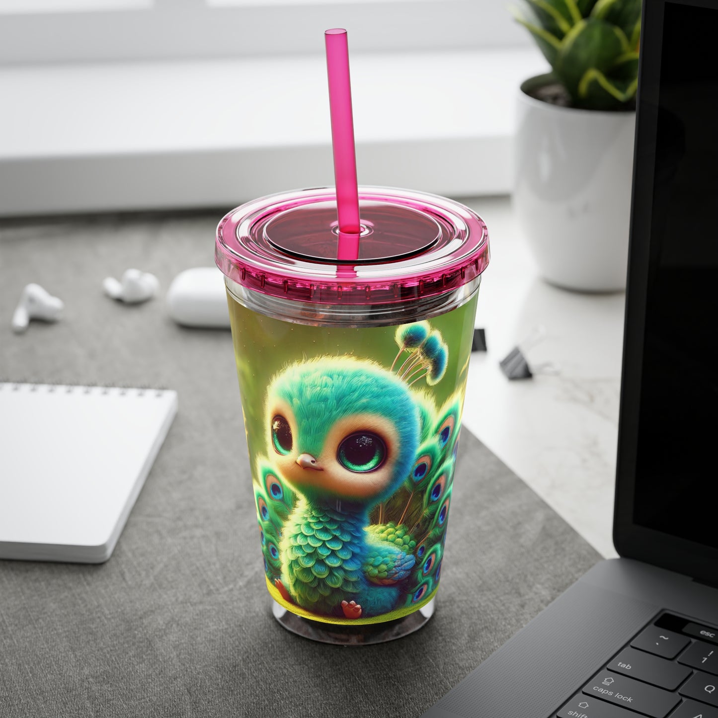Tropical Tumbler with Straw | 16oz Colorful Travel Cup / Baby Peacock
