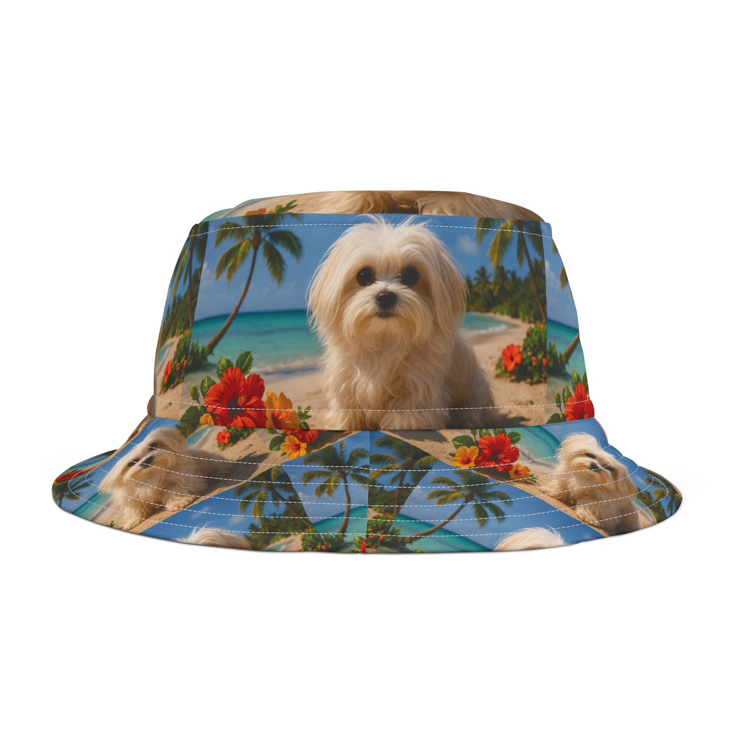 Tropical Polyester Bucket Hat, 2 Sizes - Puppy Ariel the Dog at the Beach