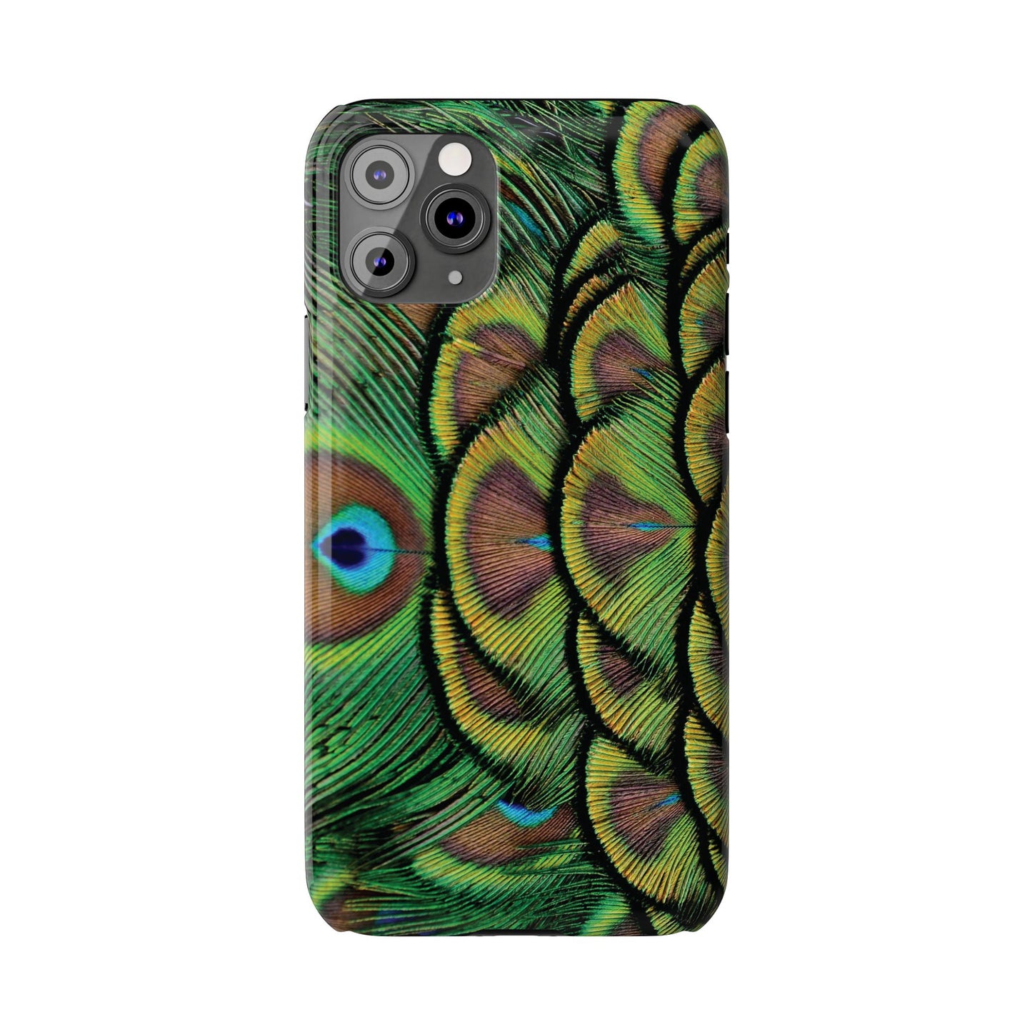 Slim Phone Cases - Brilliant Green Peacock Feathers