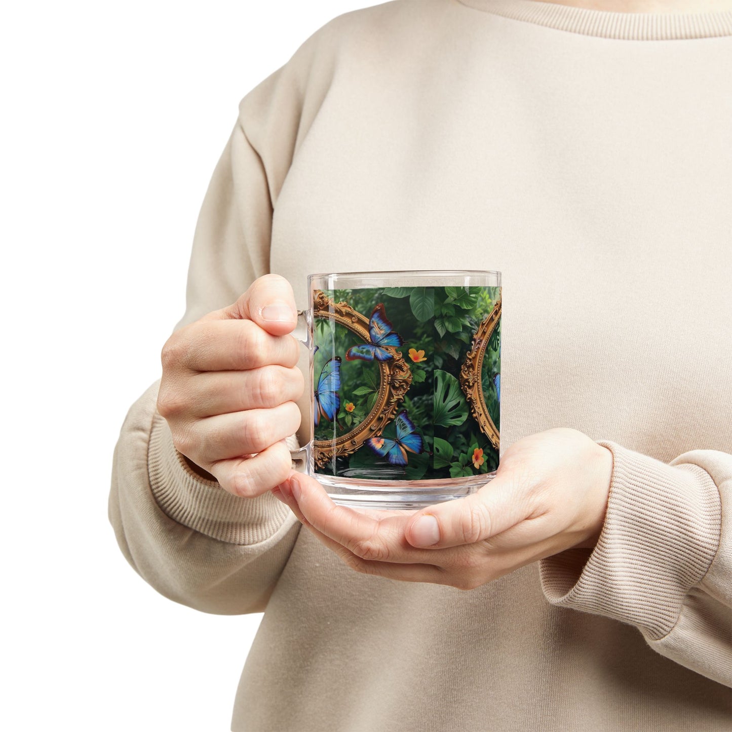 Tropical Glass Mug - 10oz Coffee Cup / Framed Monarchs