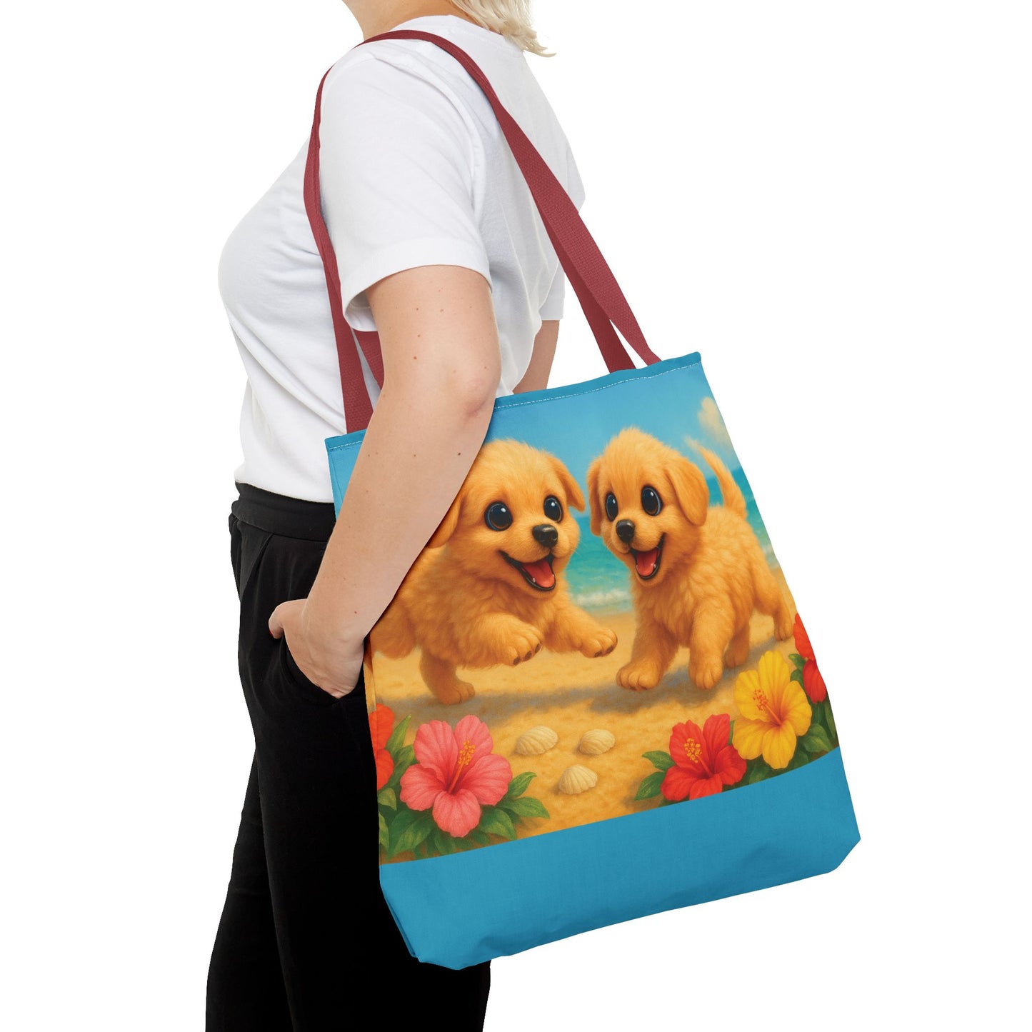 Two Puppies on Beach Tote Bag - 3 Sizes