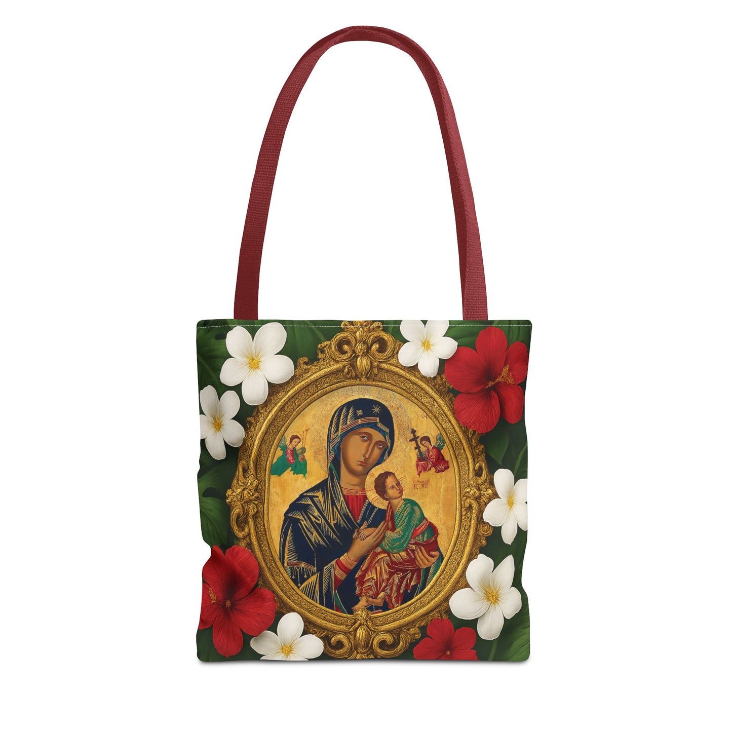 Religious Art Polyester Tote Bag, 3 Sizes / Our Lady of Perpetual Help, Red Flowers