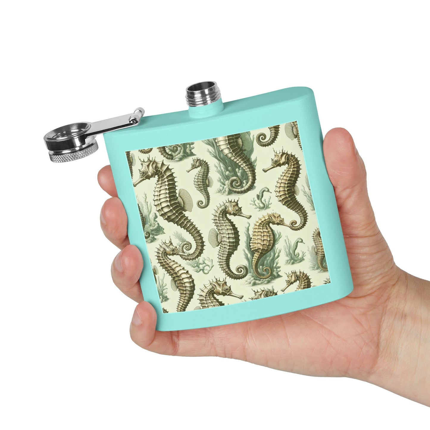 Tropical Stainless Steel 6 oz. Flask, Many Colors  – Green Toile Seahorses