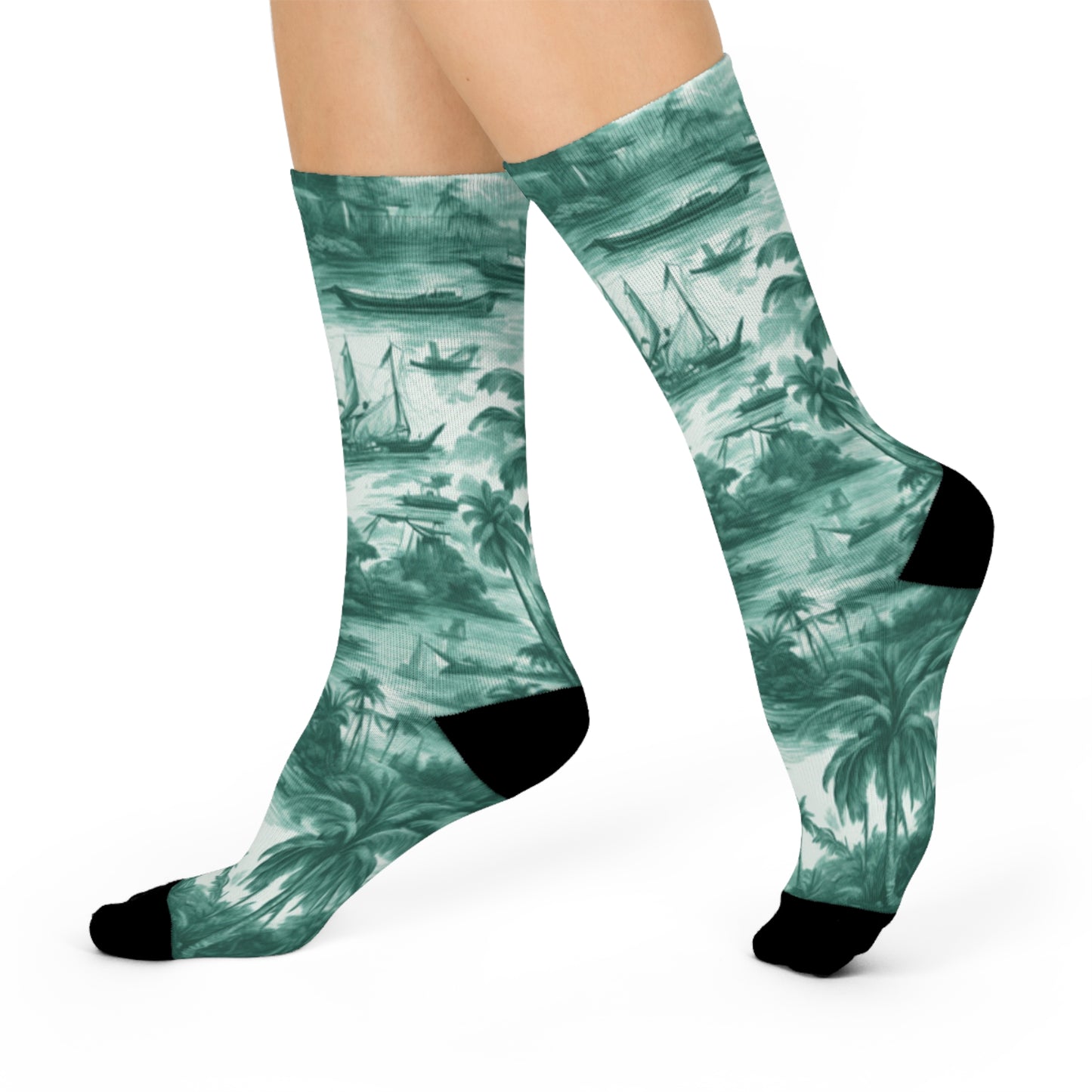 Cushioned Crew Socks - Tropical Toile, Evergreen