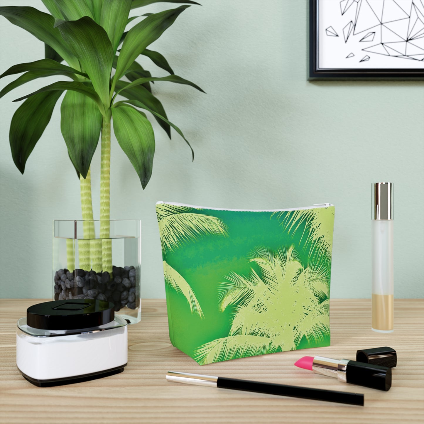 Tropical Cotton Cosmetic Bag, Makeup Pouch, 5 Sizes / Palm Glow, Green