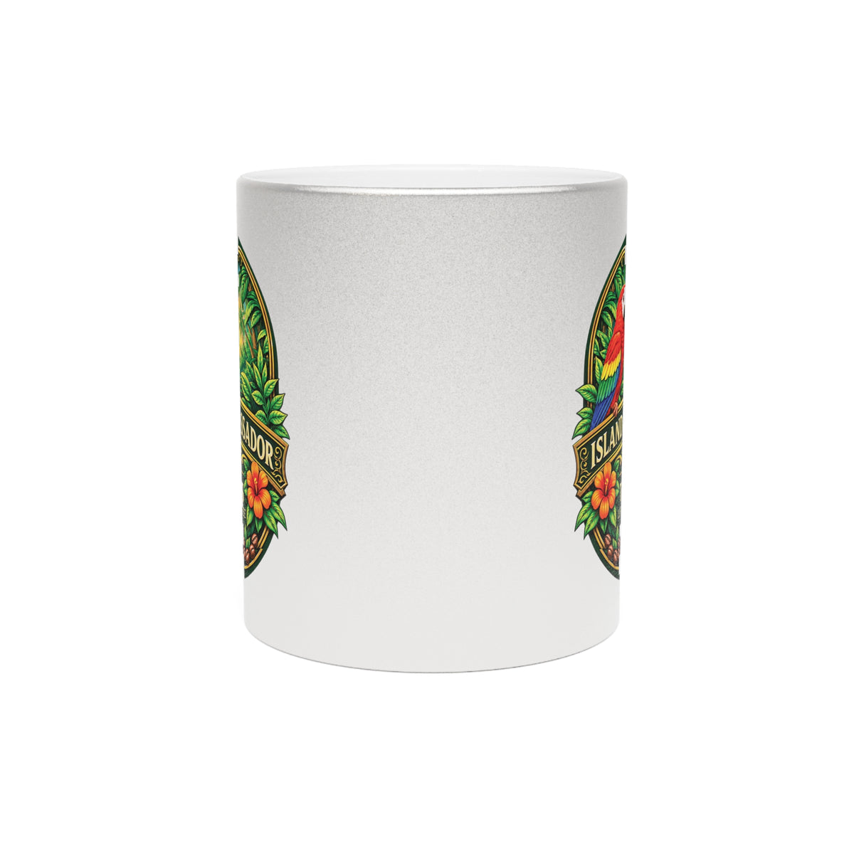 Island Ambassador Metallic Mug — Tropical Parrot Coffee Cup (Silver/Gold)