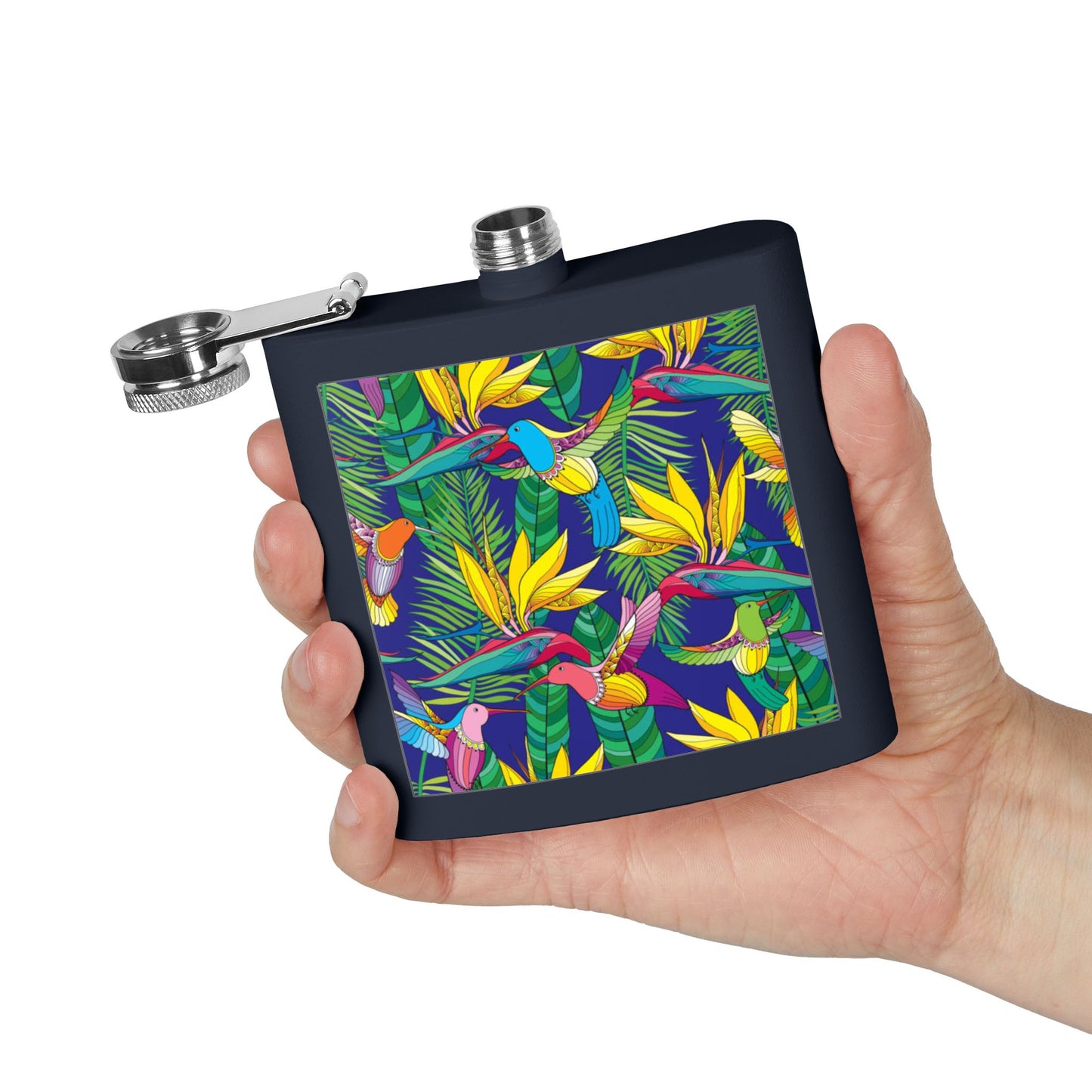 Tropical Stainless Steel 6 oz. Flask, Many Colors  – Bird of Paradise Toile