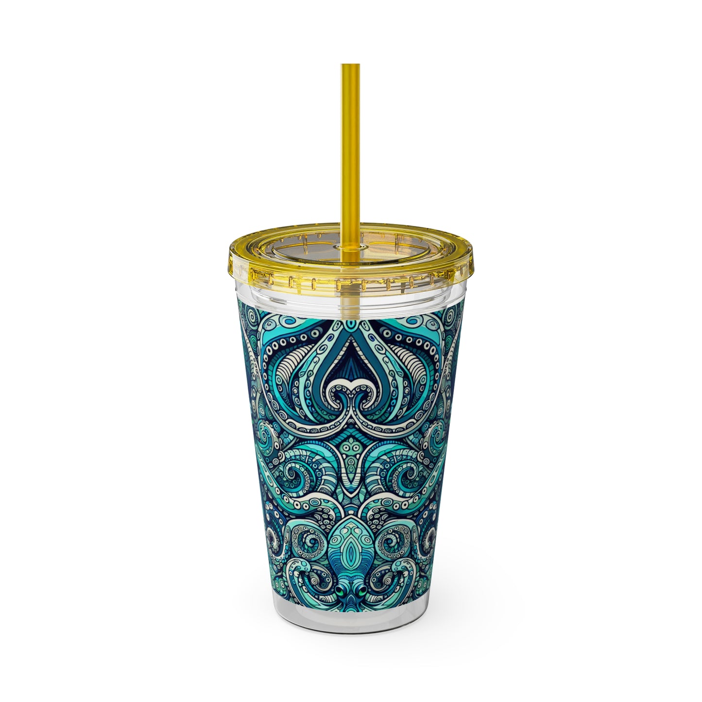 Tropical Tumbler with Straw | 16oz Colorful Travel Cup / Aqua Octopus
