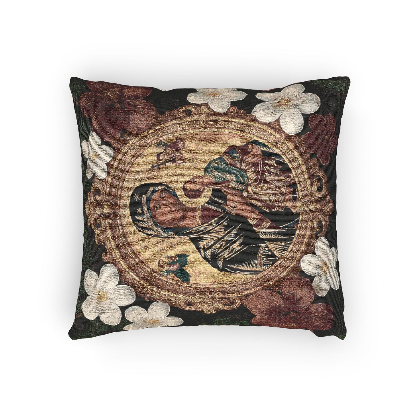 Religious Woven Pillow, 17"W x 18"L - Floral Maria and Child Design