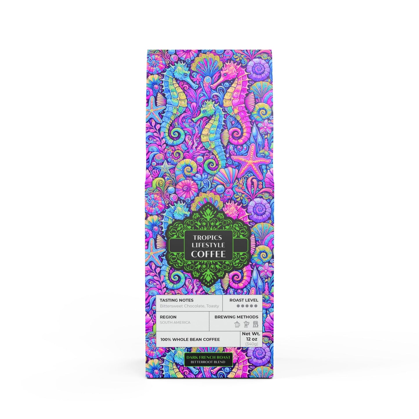 Black Coral Blend™ (Dark French Roast) Specialty Grade Craft Coffee / Seahorse Trio, Fantasy Pop