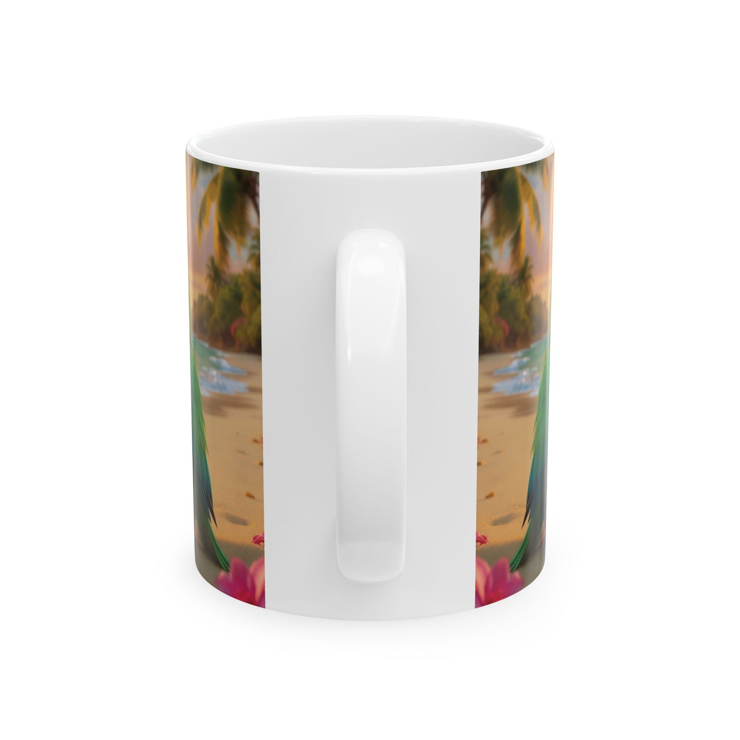 Ceramic White Mug - Tiki the Parrot on the Beach