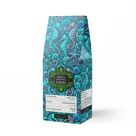 Black Coral Blend™ (Dark French Roast) Specialty Grade Craft Coffee / Seahorse Trio, Turquoise Pop