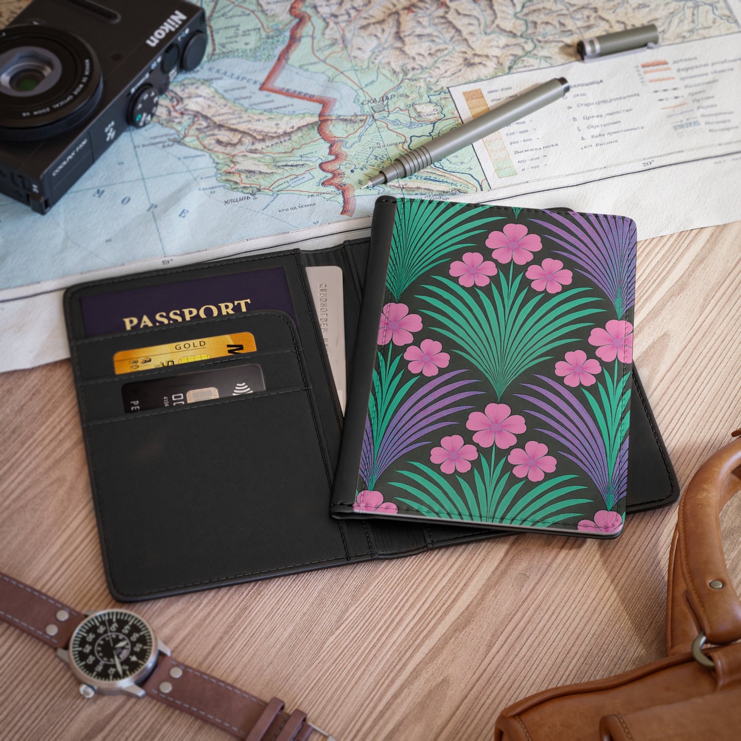Tropical Passport Cover, Faux Leather - RFID blocking for travel security / Midnight Hibiscus Deco/Pink