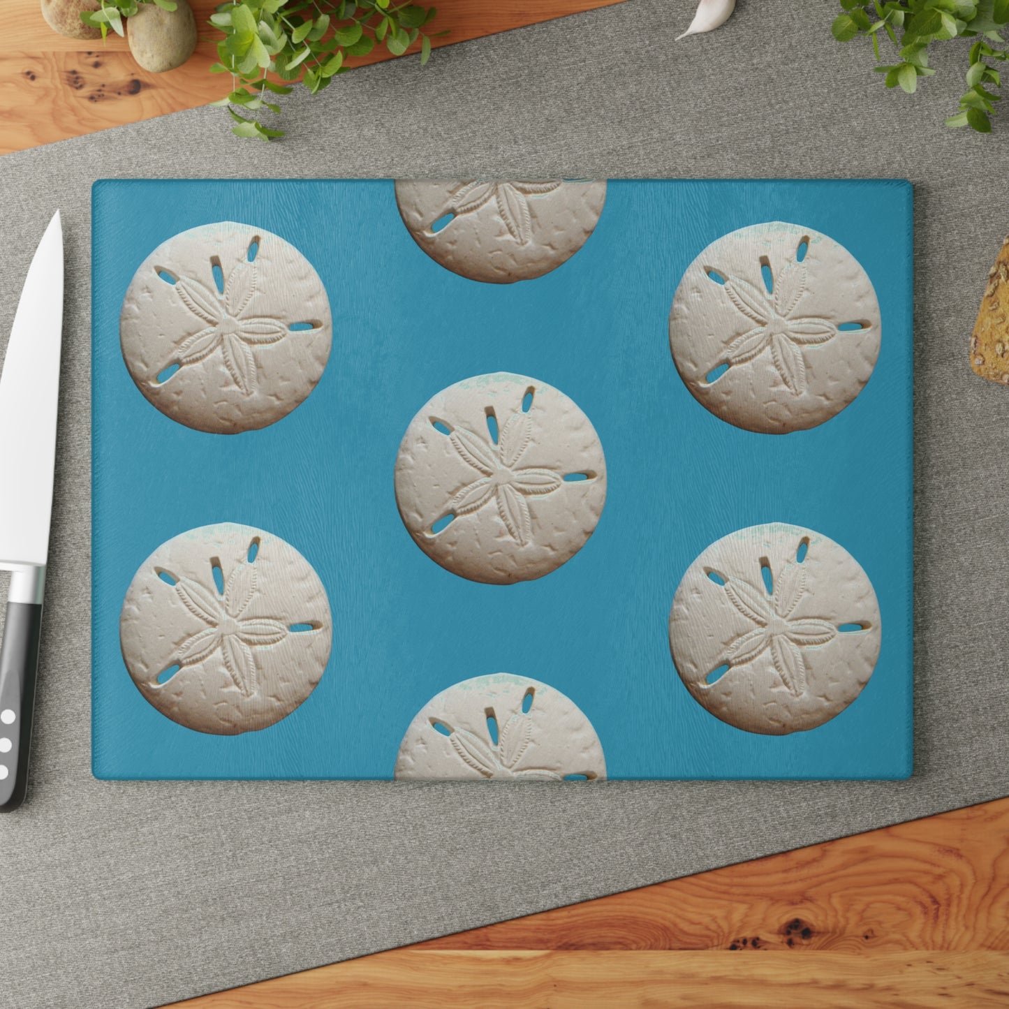 Glass Cutting Board, 2 sizes - White Sand Dollar/Turquoise