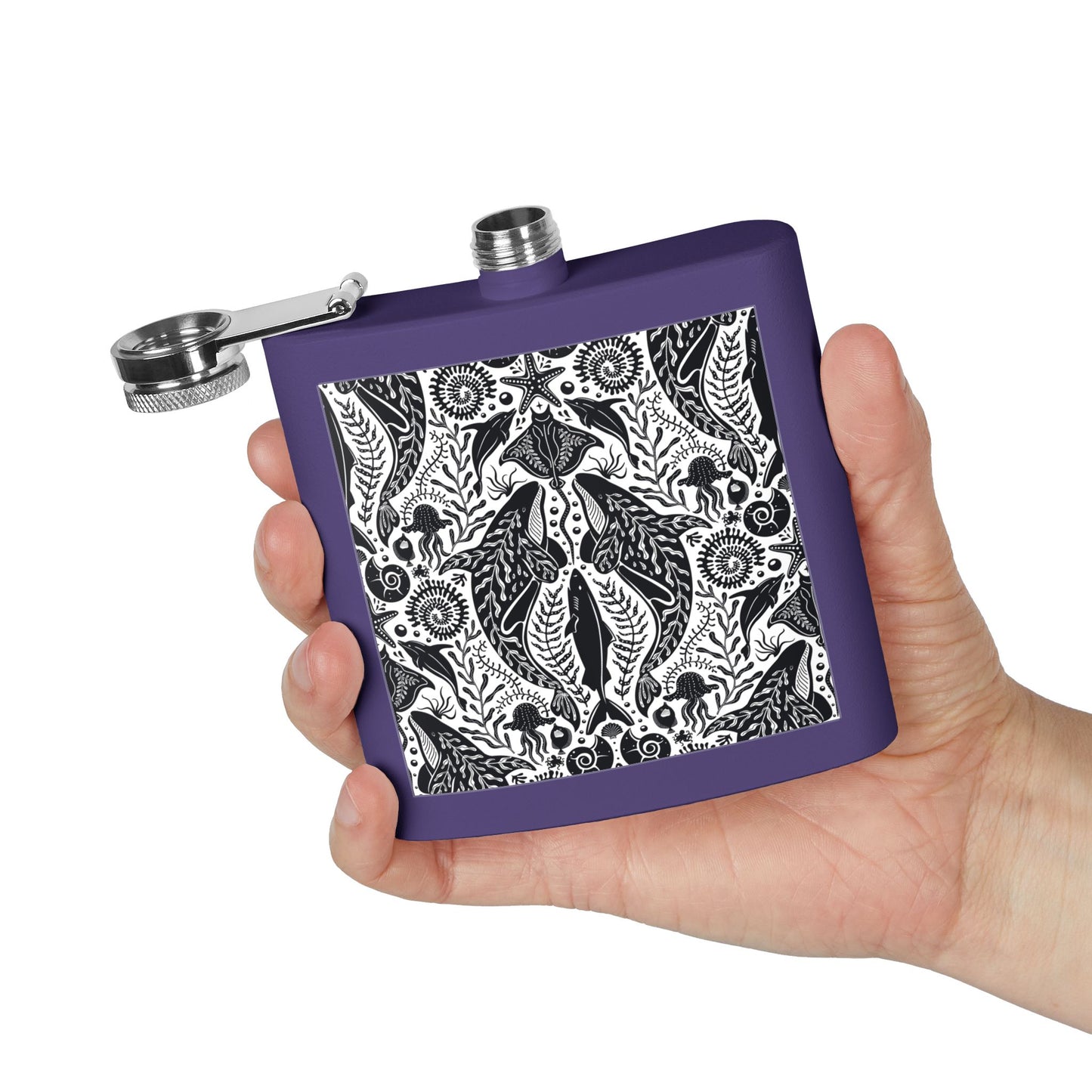 Tropical Stainless Steel 6 oz. Flask, Many Colors  – Mystic Ocean, Black/White