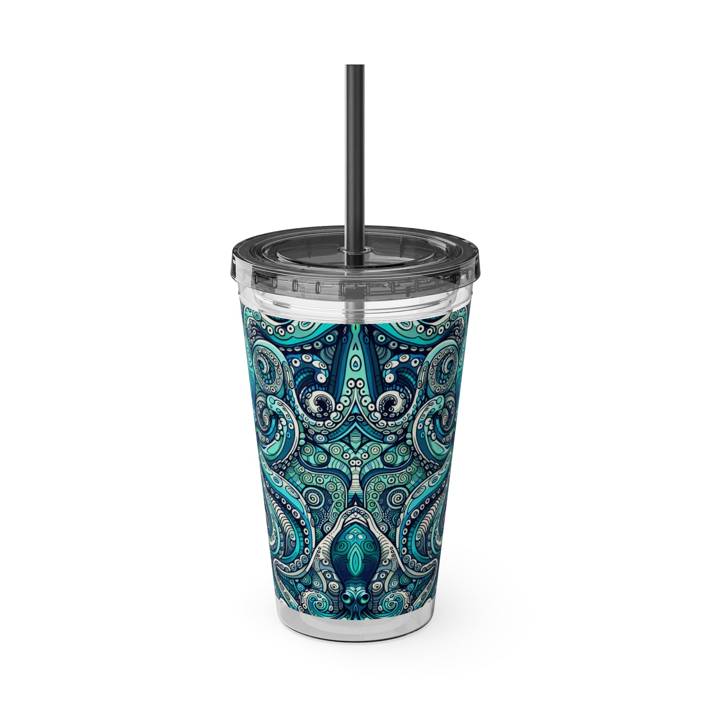 Tropical Tumbler with Straw | 16oz Colorful Travel Cup / Aqua Octopus