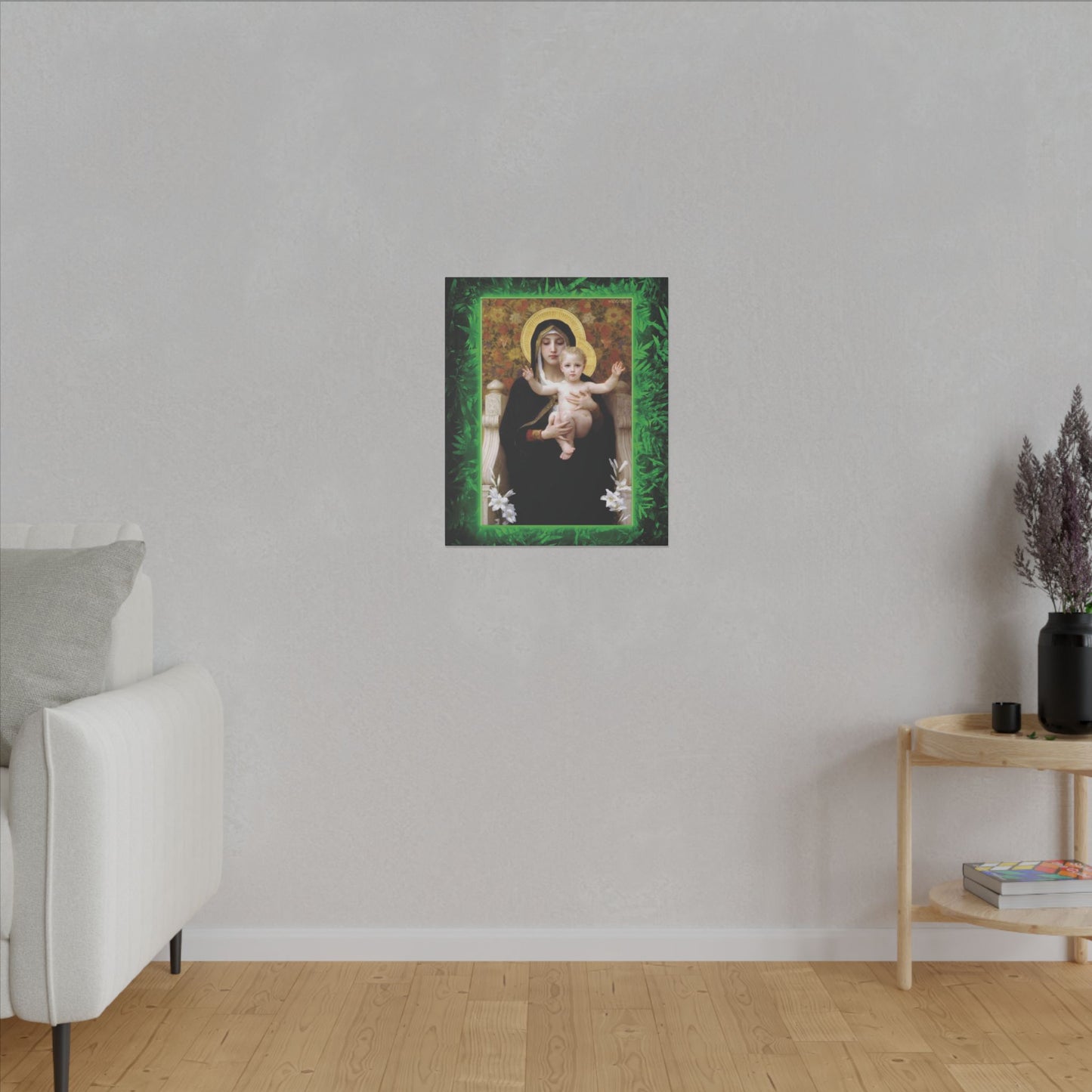 "Tropical Rainforest Madonna of Lilies" Religious Canvas Artwork - Stretched Canvas Print / Virgin Mary & Jesus