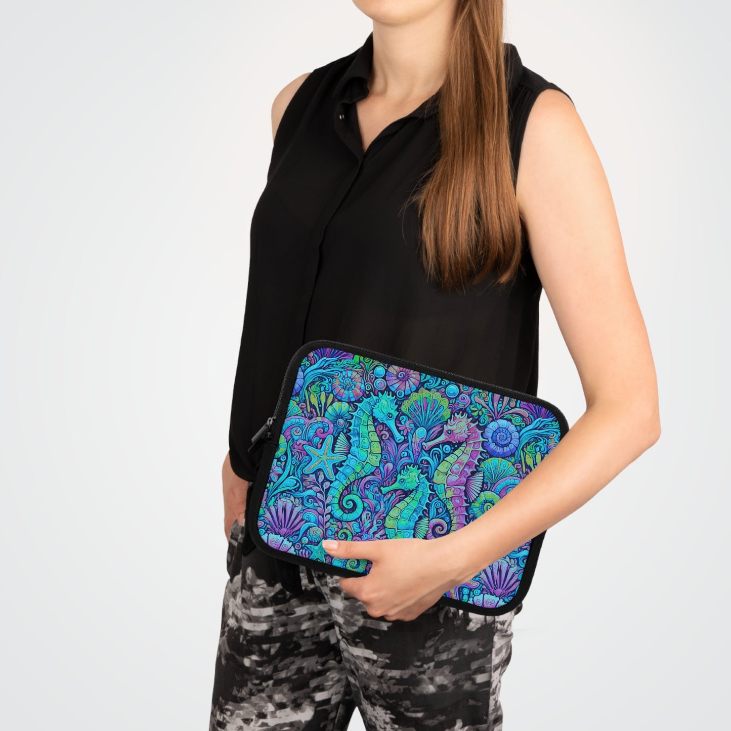 Tropical Laptop Sleeve, 5 Sizes - Perfect for Beach Lovers & Students / Seahorses, Turquoise POP