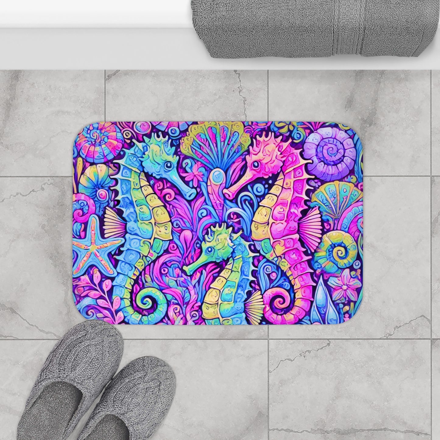 Seahorse Trio/Fantasy Pop Bath Mat, 2 Sizes - Tropical Vibes for Home Decor