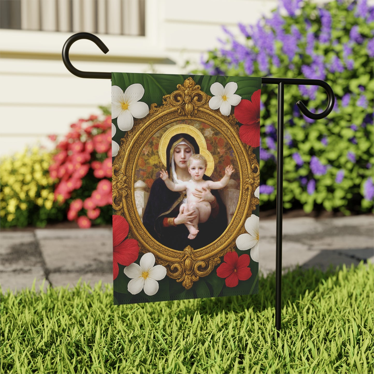 Religious Tropical Garden Flag  - Perfect for Outdoor Decor / Virgin of the Lilies