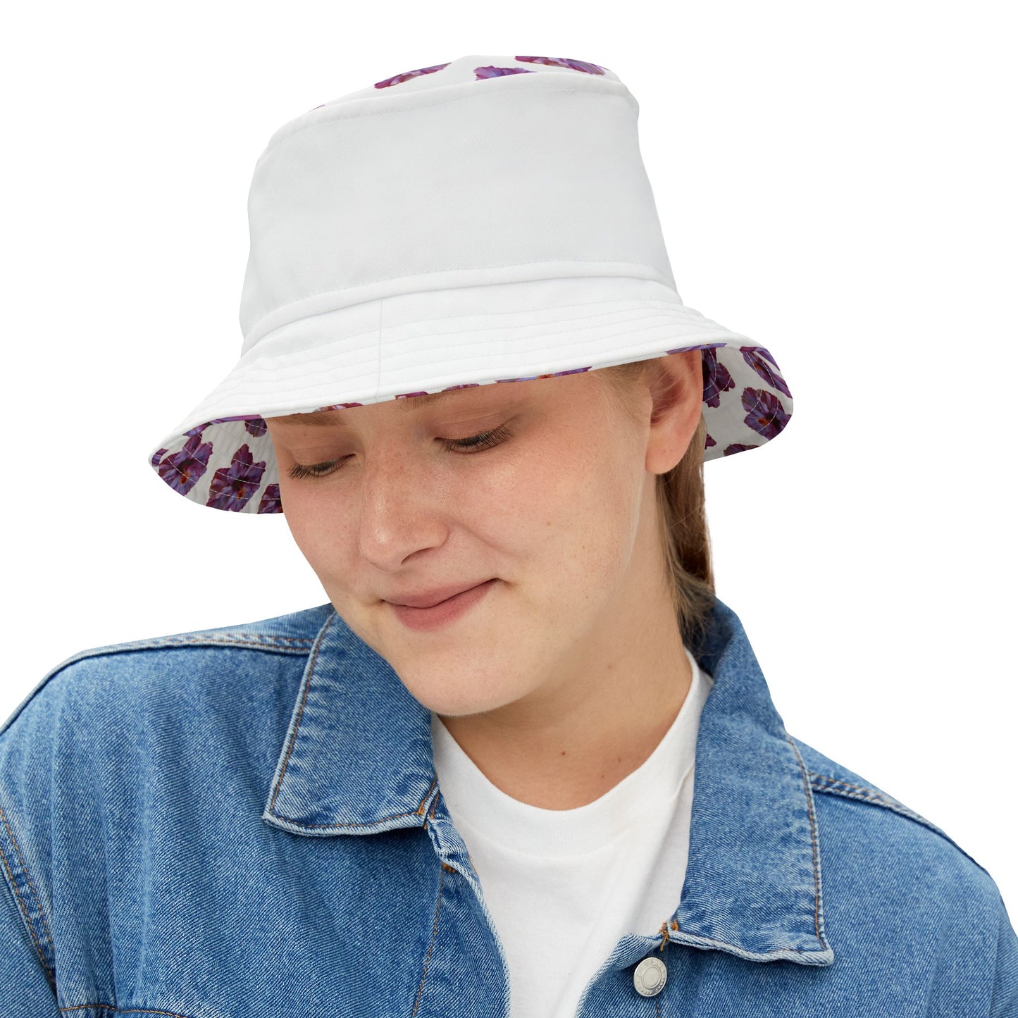 Tropical Polyester Bucket Hat, 2 Sizes - Purple Hibiscus/White