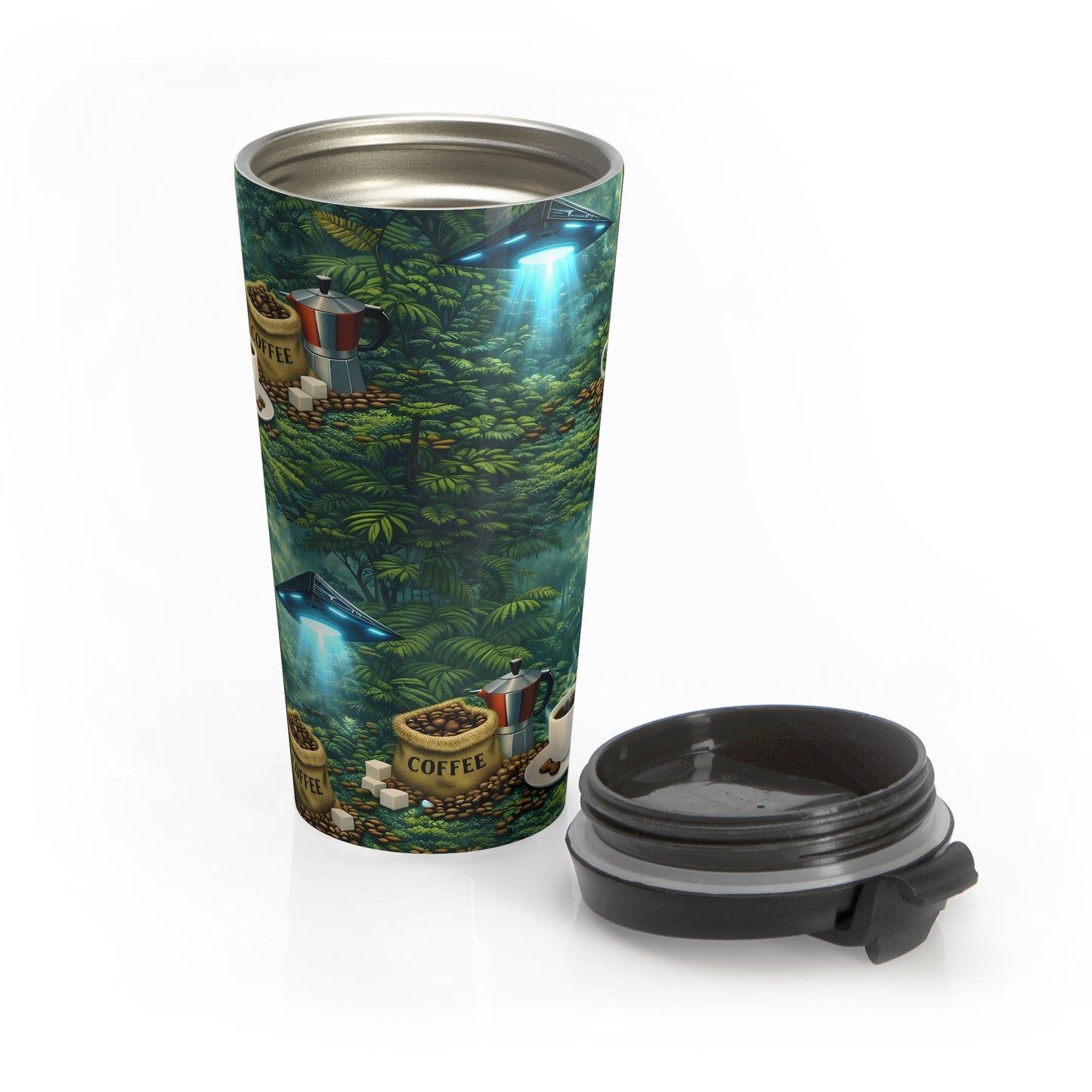 Stainless Steel Travel Mug, 15 oz. — UFO, Coffee Beans & Rainforest Design