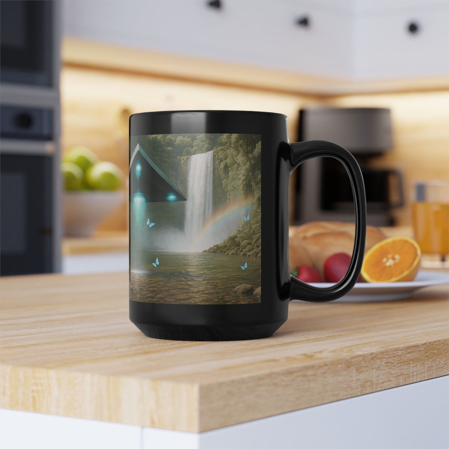 Black Coffee Mug - UFO and Waterfall