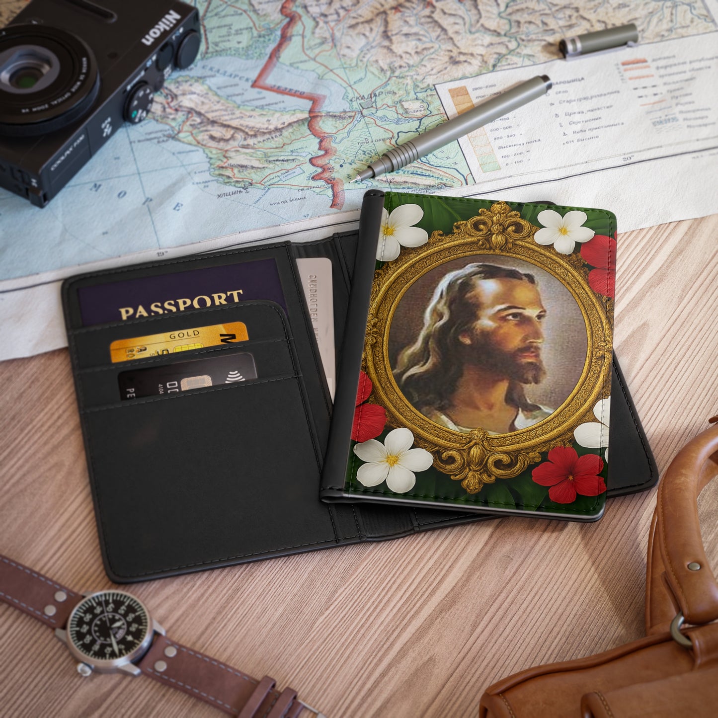 Religious Tropical Passport Cover, Faux Leather - RFID blocking for travel security / Head of Christ
