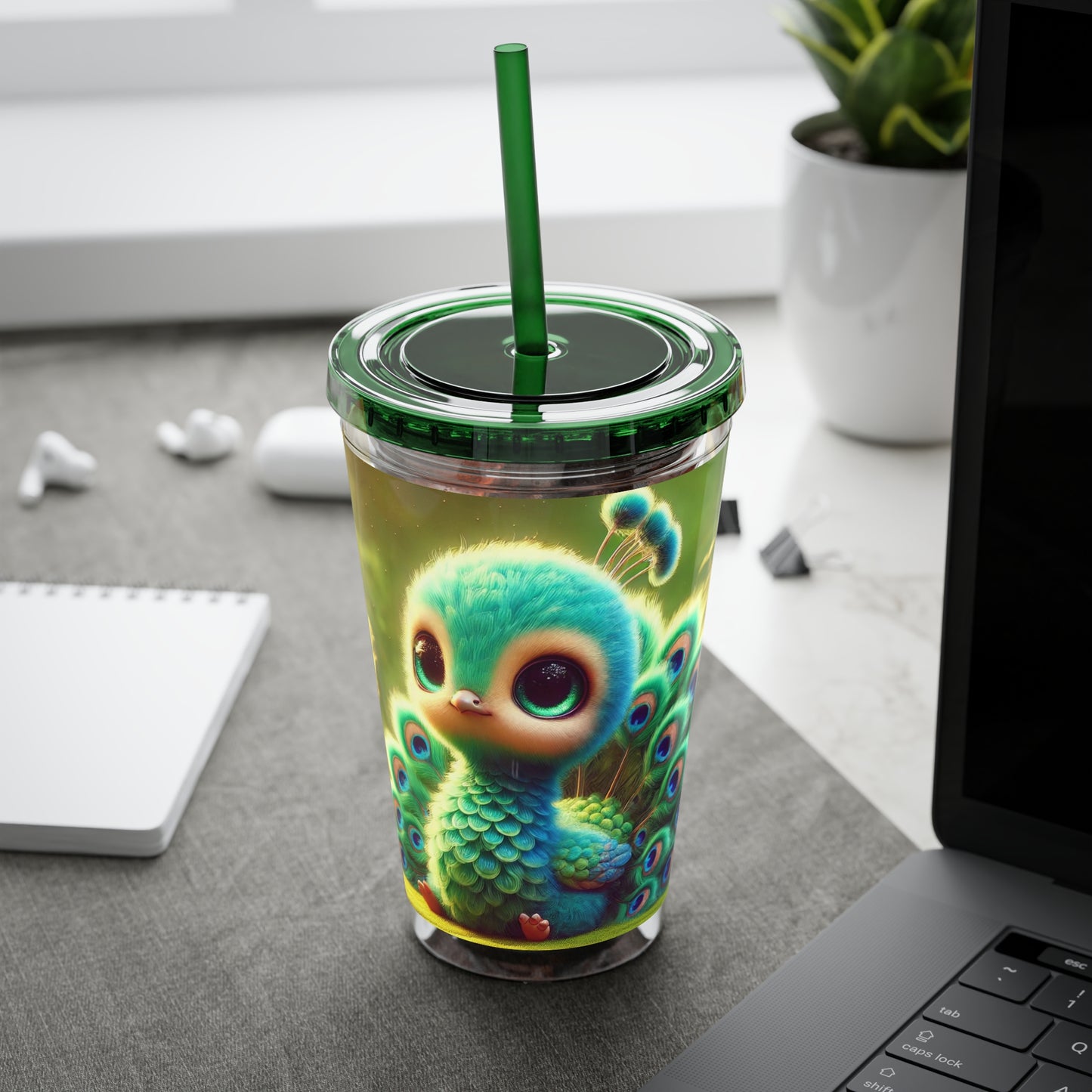 Tropical Tumbler with Straw | 16oz Colorful Travel Cup / Baby Peacock