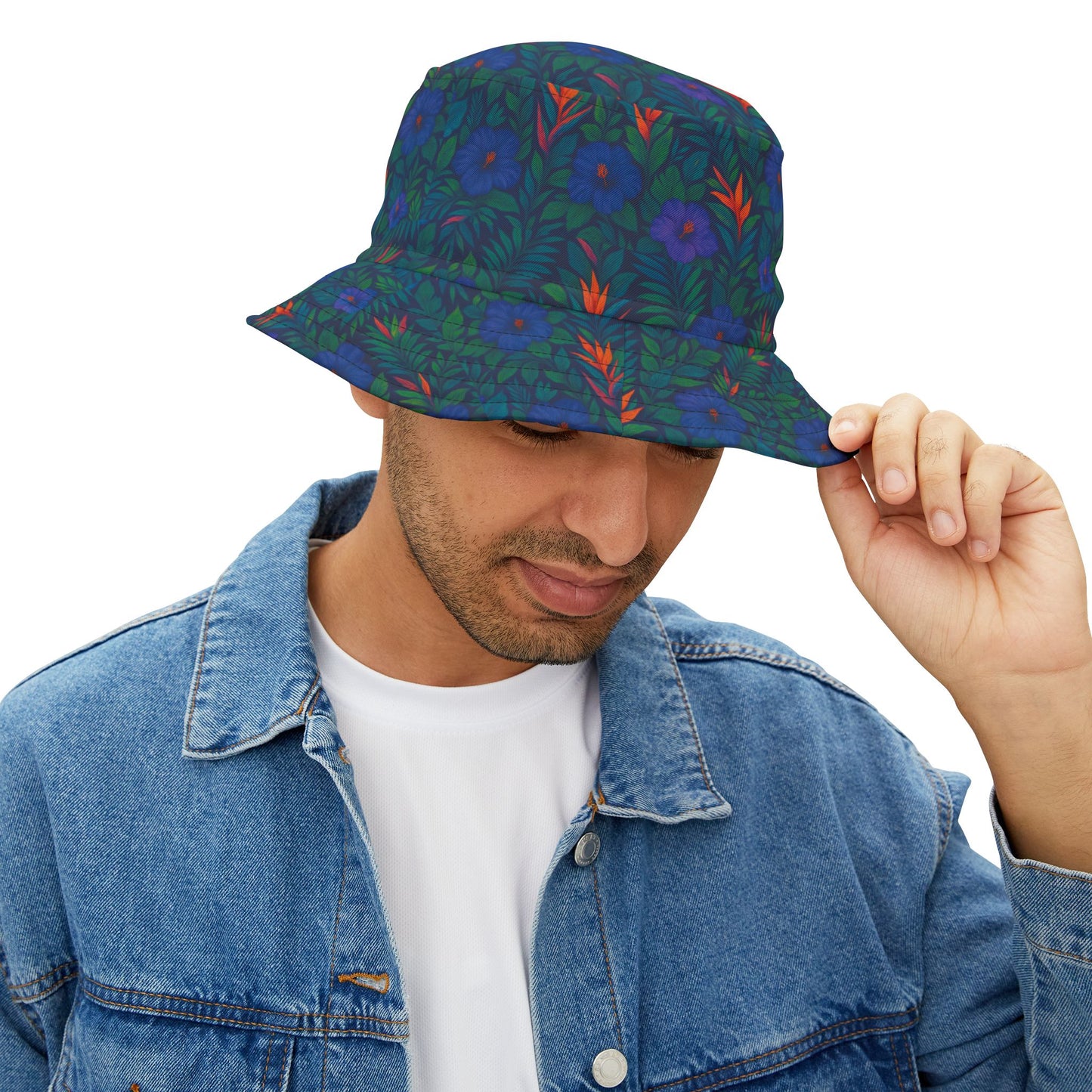 Tropical Polyester Bucket Hat, 2 Sizes - Midnight Flower Navy