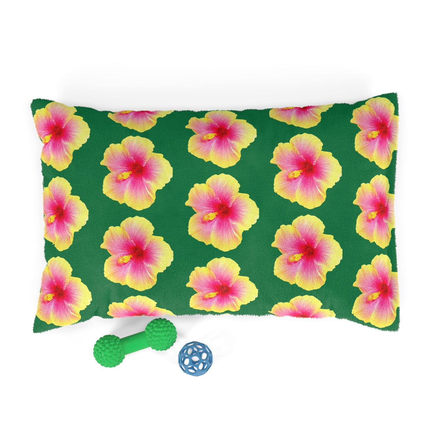Pet Bed - Cozy and Fun Dog or Cat Bed for Beach Lovers / Real Yellow & Pink Hibiscus/Dark Green