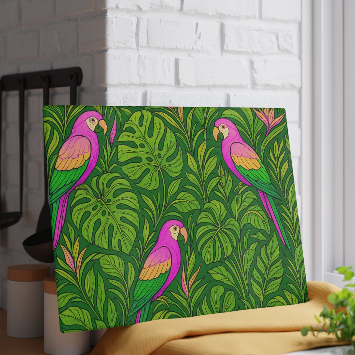 Glass Cutting Board, 2 sizes - Parrot Family/Pink