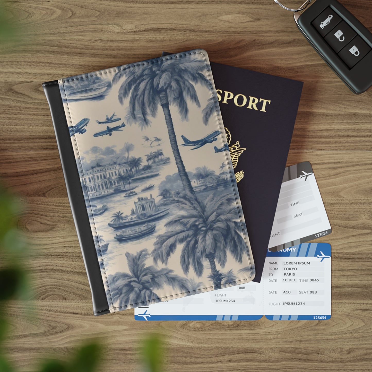 Tropical Passport Cover, Faux Leather - RFID blocking for travel security / Travel Toile, Blue