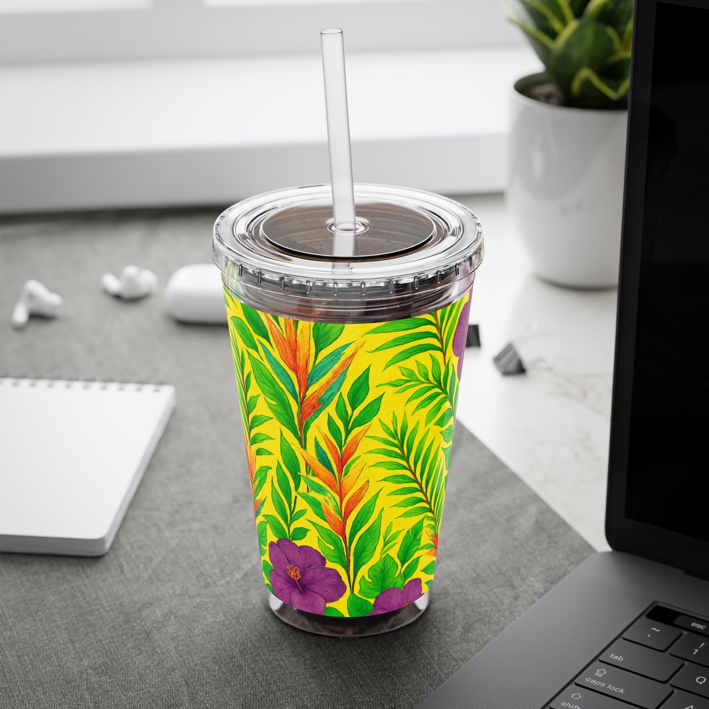 Tropical Tumbler with Straw | 16oz Colorful Travel Cup / Midnight Flower Yellow