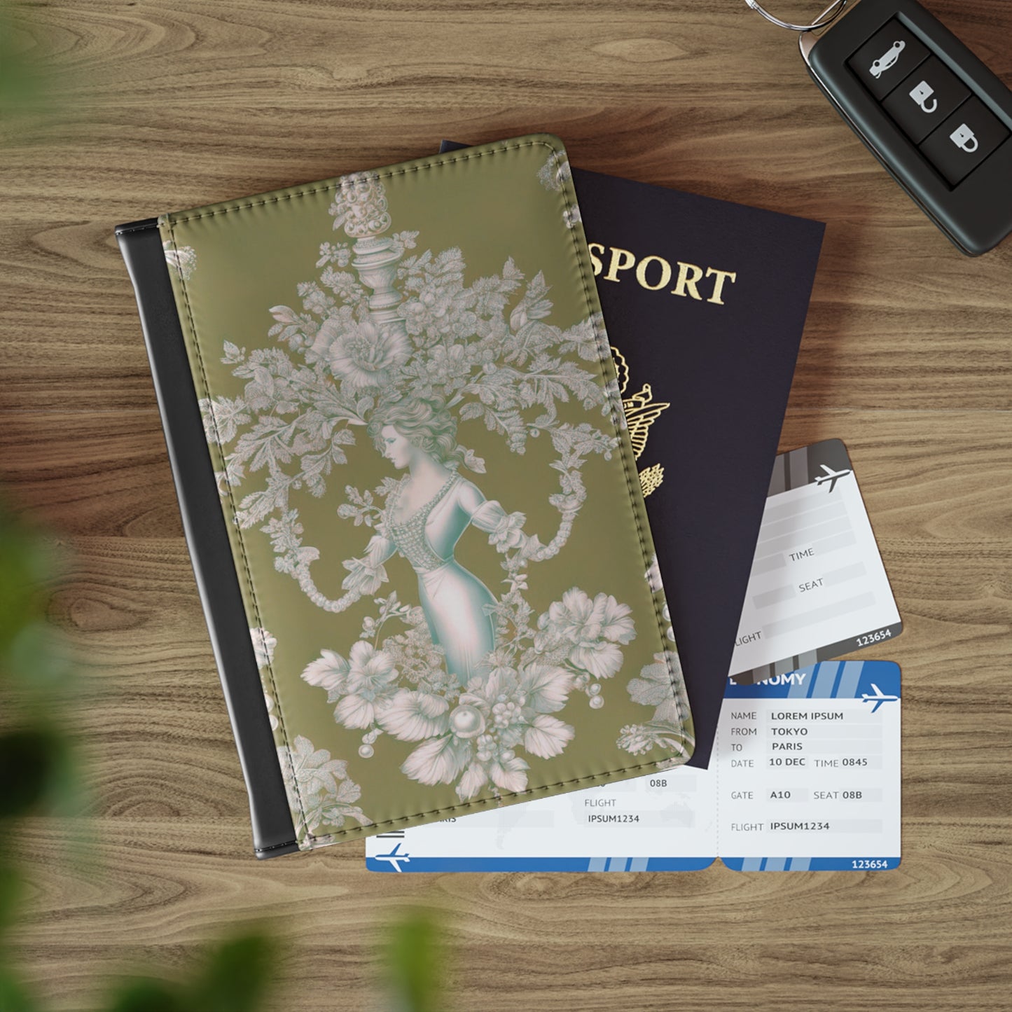 Tropical Passport Cover, Faux Leather - RFID blocking for travel security / Pearl Lady Toile, Highborn Green