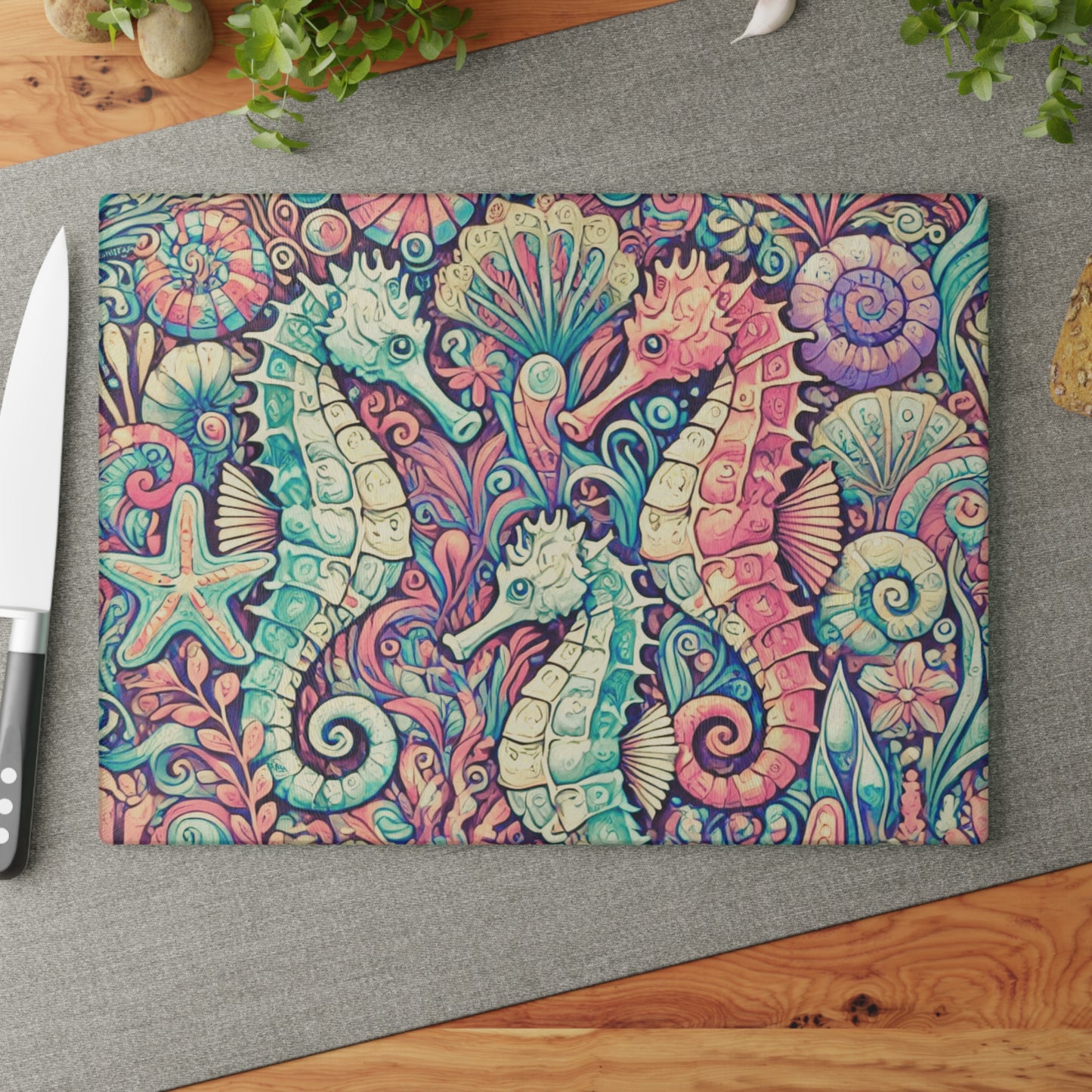 Glass Cutting Board, 2 sizes - Seahorses Retro