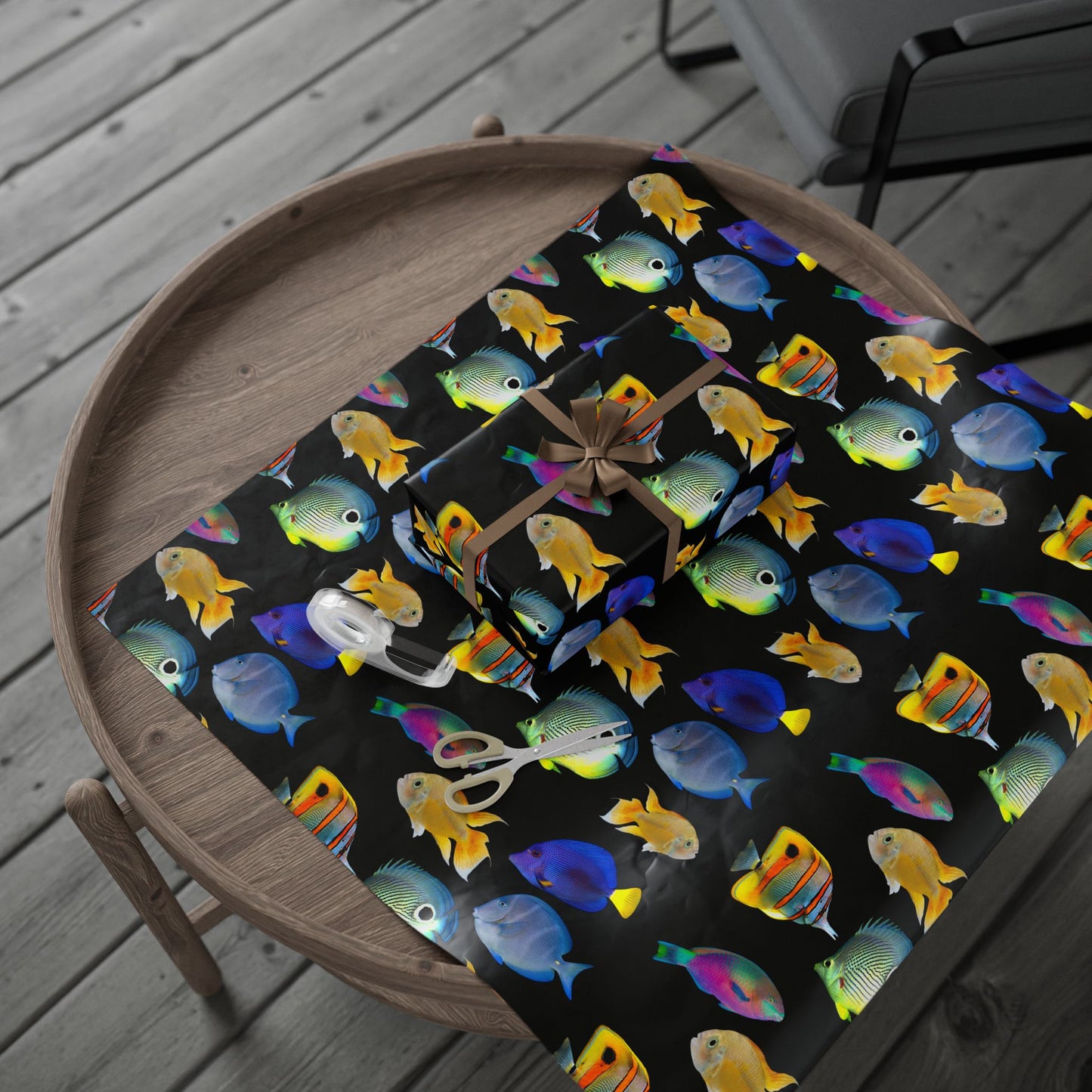Wrapping Paper - Tropical Gift Wrap for All Occasions, 3 Sizes/2 Finishes / School of Fish, Black