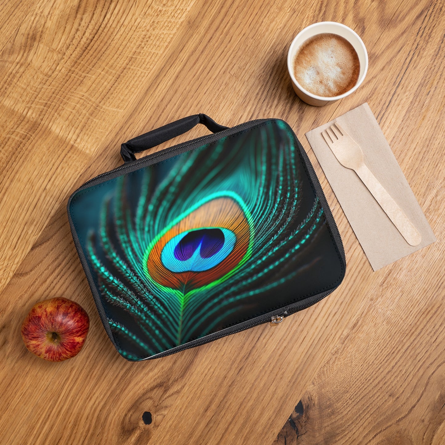 Peacock Eye Feather/Turquoise Lunch Bag - Eco-Friendly Insulated Tote, Adult and Child Lunchbox / Perfect for Picnics, Beach Outings