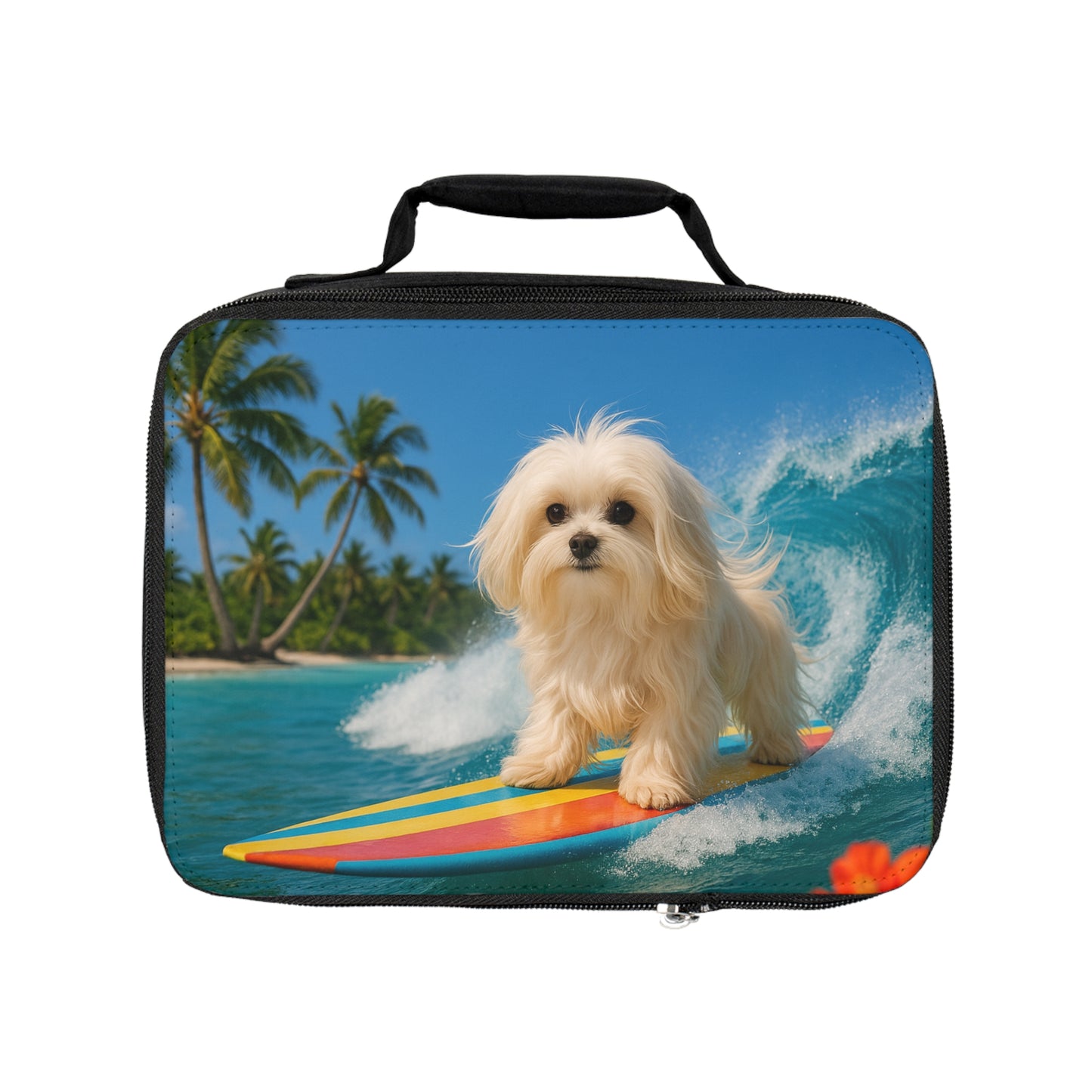 Puppy Ariel the Dog Surfer Lunch Bag - Eco-Friendly Insulated Tote, Adult and Child Lunchbox / Perfect for Picnics, Beach Outings