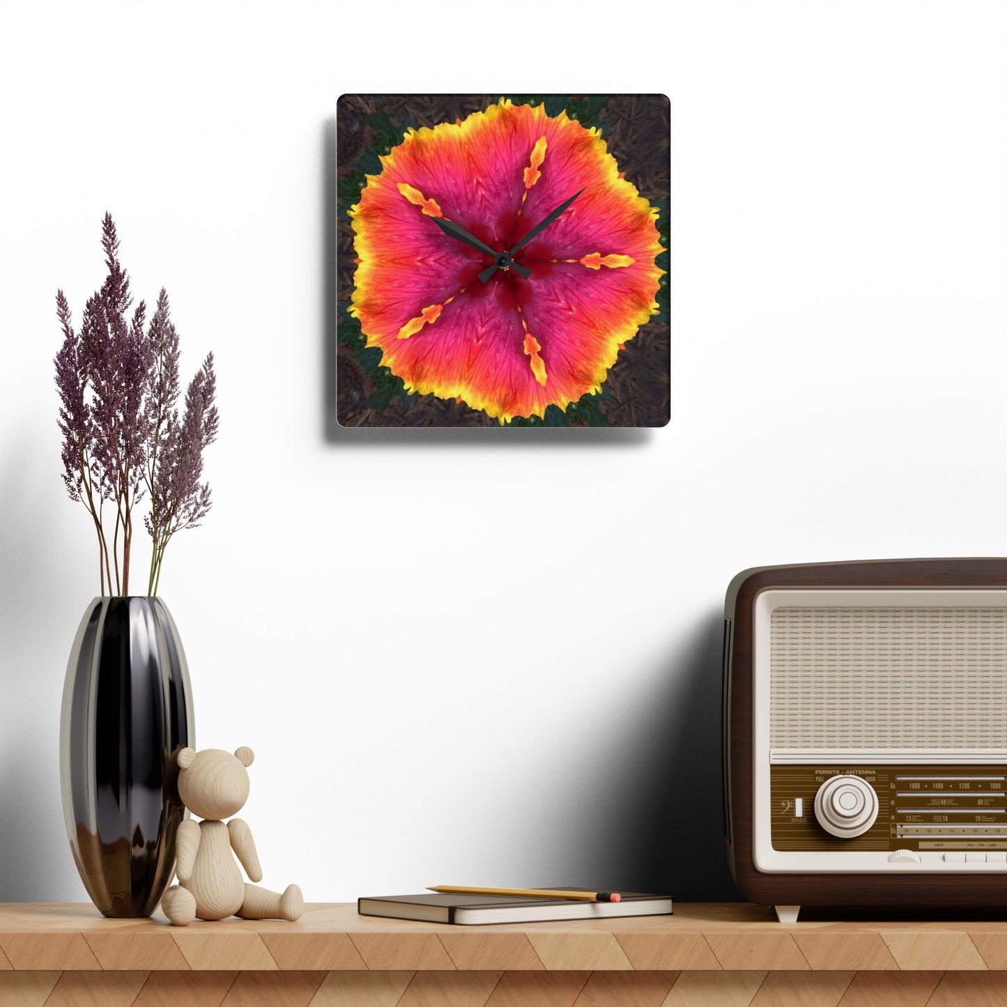 Acrylic Wall Clock - Hibiscus Kaleidoscope #1, Various Sizes