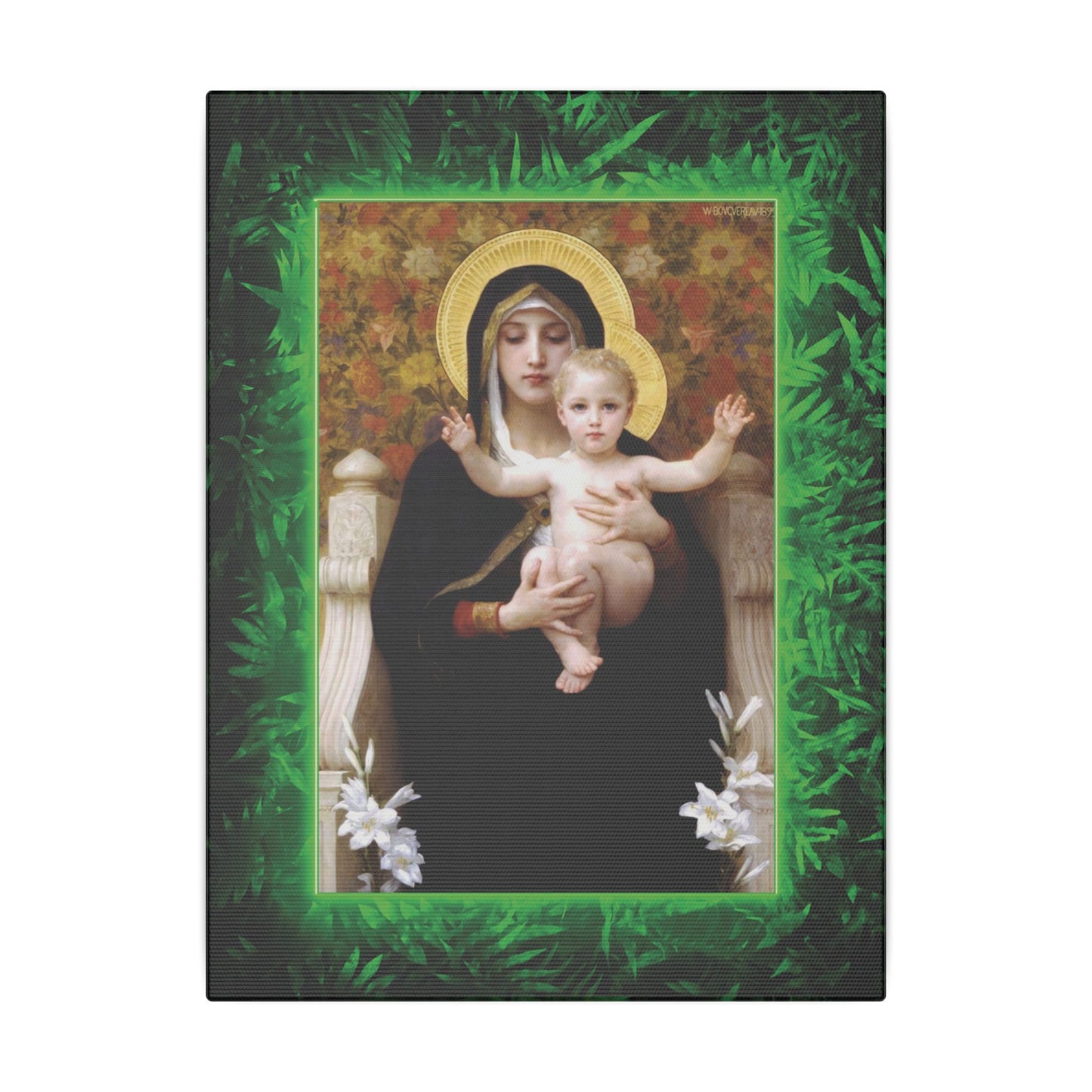 "Tropical Rainforest Madonna of Lilies" Religious Canvas Artwork - Stretched Canvas Print / Virgin Mary & Jesus