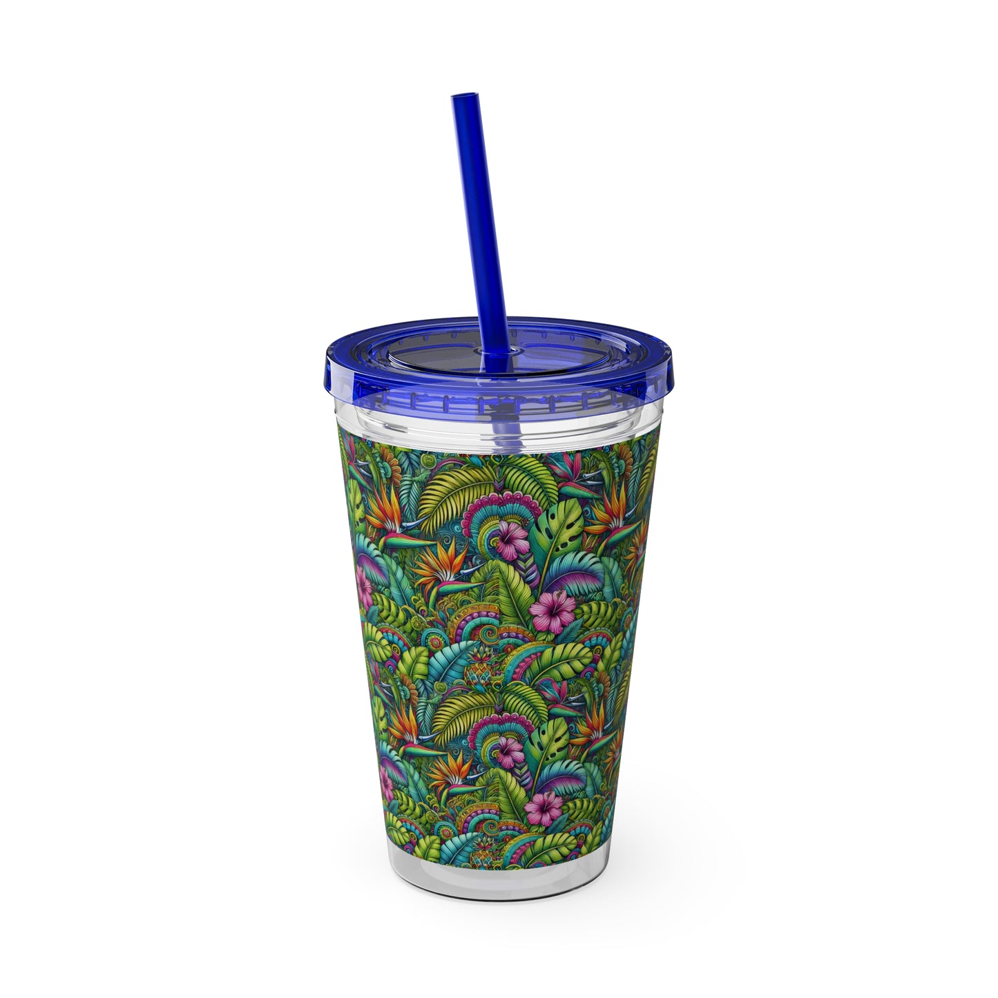 Tropical Tumbler with Straw | 16oz Colorful Travel Cup / Rainforest Blooms