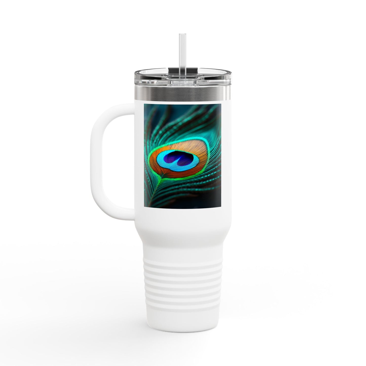 Insulated Travel Mug, 40oz / Peacock Eye Feather, Turquoise- Perfect for Outdoor Adventures