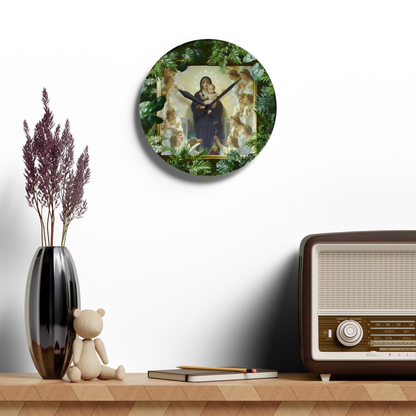 "Tropical Mary With the Angels"  Acrylic Wall Clock - Elegant Religious Decor for Home and Office