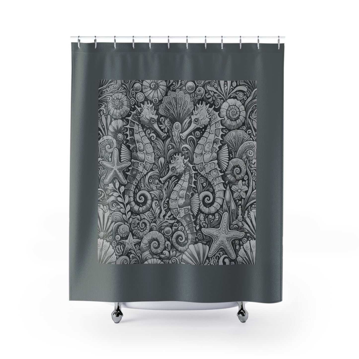 Tropical Shower Curtain - Ocean Bathroom Decor / Seahorse Trio Noir/Dark Grey