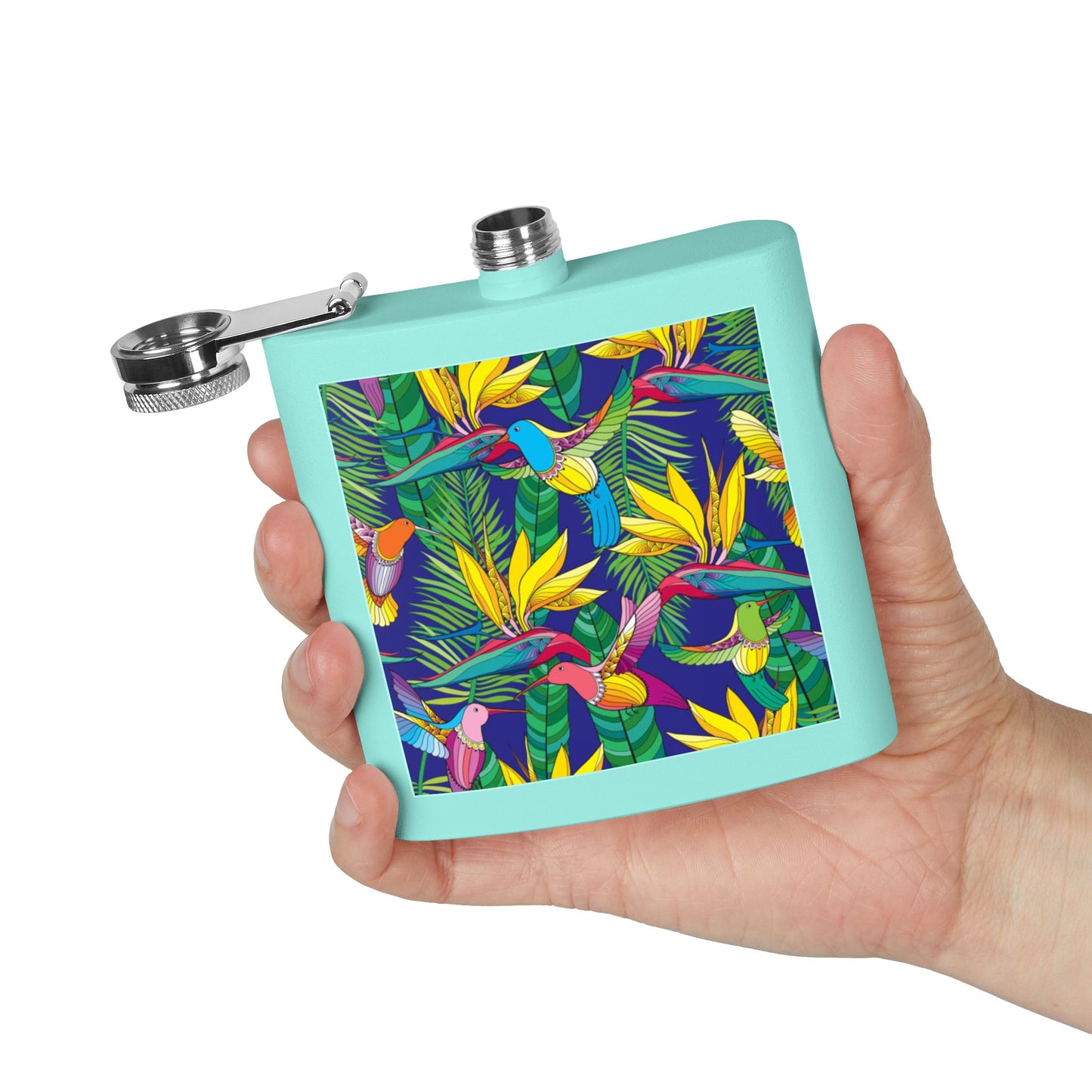 Tropical Stainless Steel 6 oz. Flask, Many Colors  – Bird of Paradise Toile